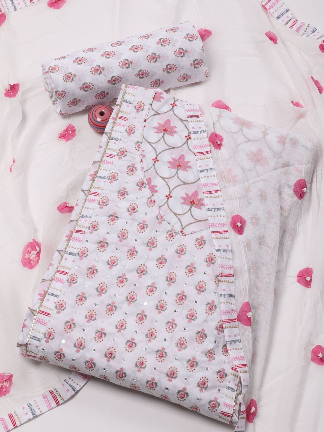

Meena Bazaar Floral Printed Mirror Work Unstitched Dress Material, White
