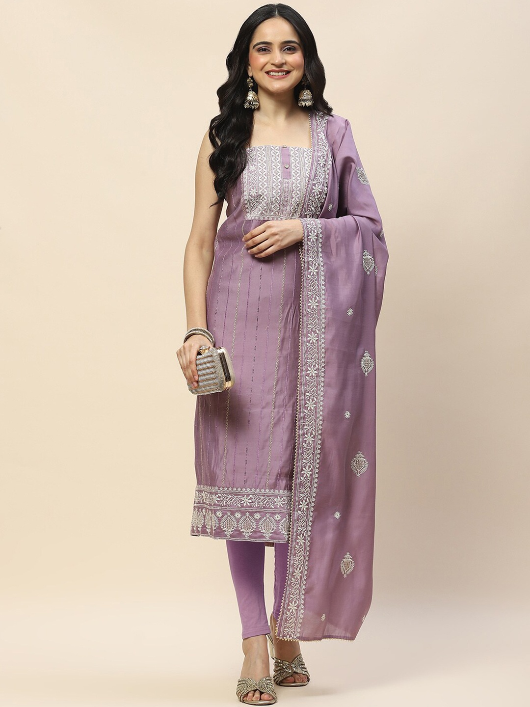 

Meena Bazaar Floral Embroidered Art Silk Unstitched Dress Material, Purple