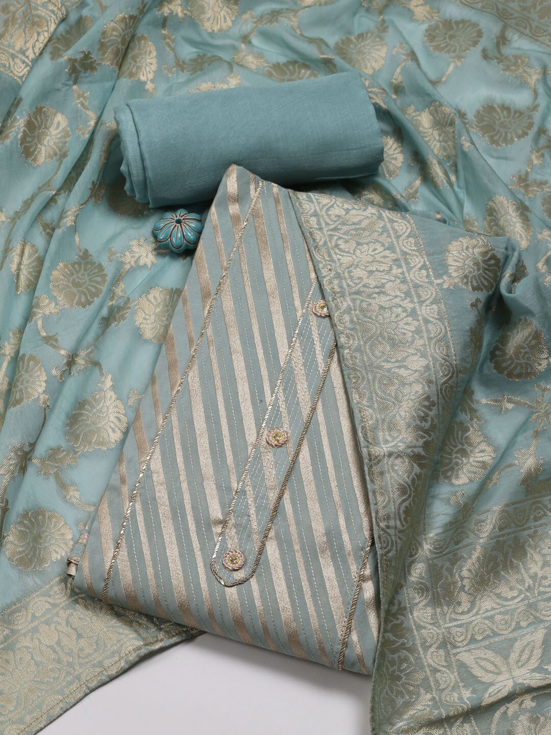 

Meena Bazaar Striped Woven Design Zari Unstitched Dress Material, Blue