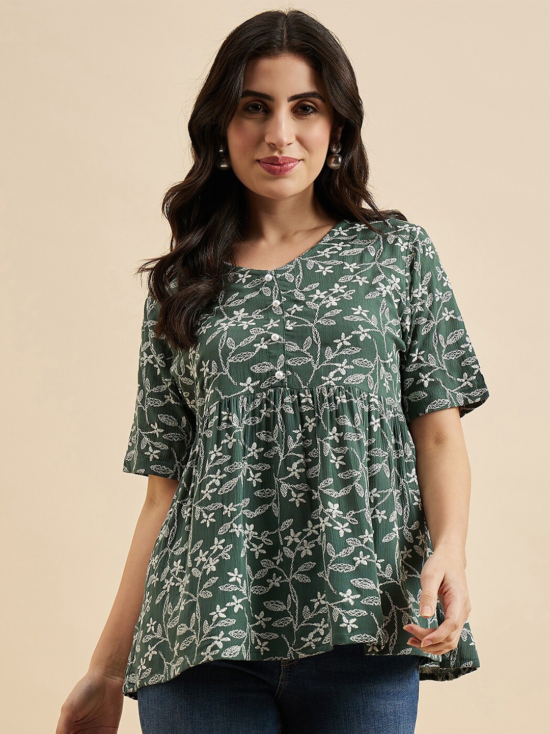 

Azira Floral Print V Neck Short Sleeves Peplum Top, Green