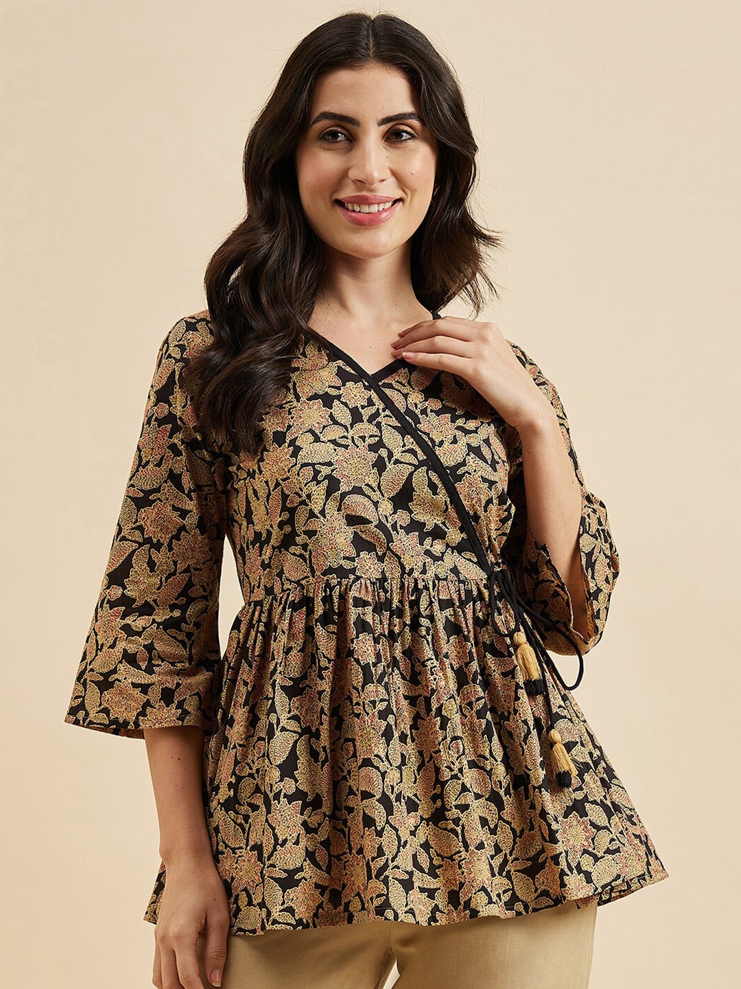 

Azira Floral Printed Cotton V-Neck Tie-Ups Wrap Top, Brown
