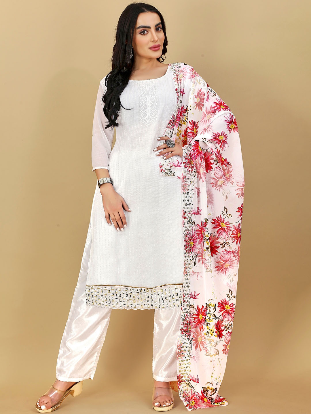

Hinaya Floral Embroidered Georgette Straight Kurta With Salwar & Dupatta, White