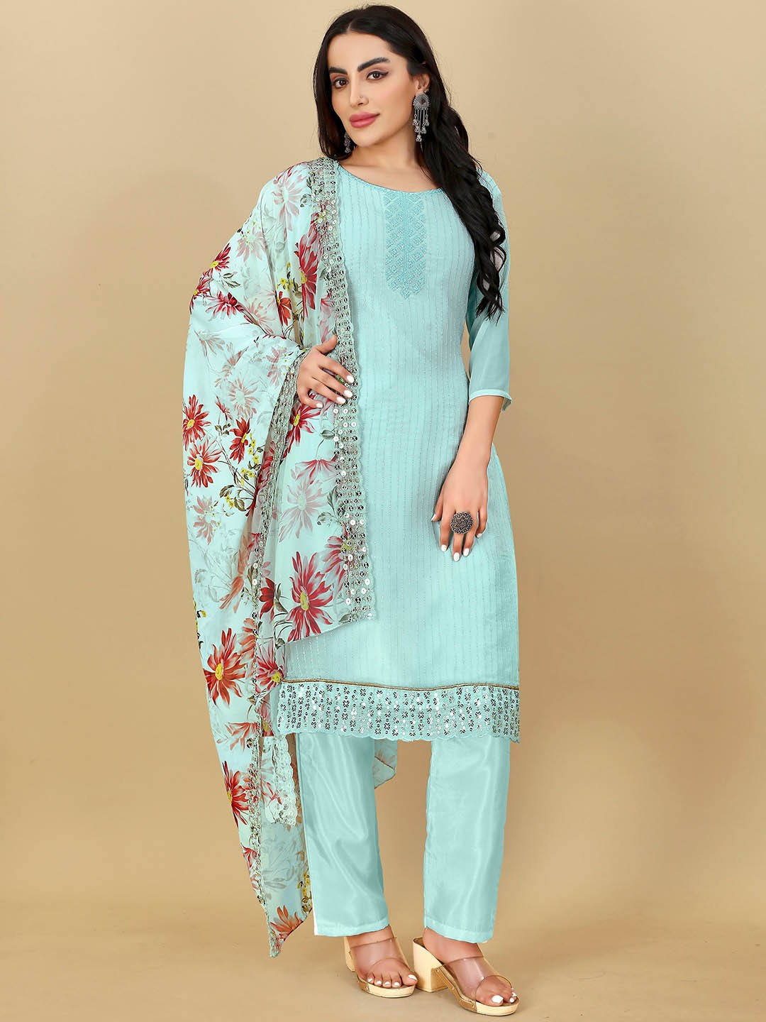 

Hinaya Embroidered Sequinned Kurta With Salwar & Dupatta, Teal