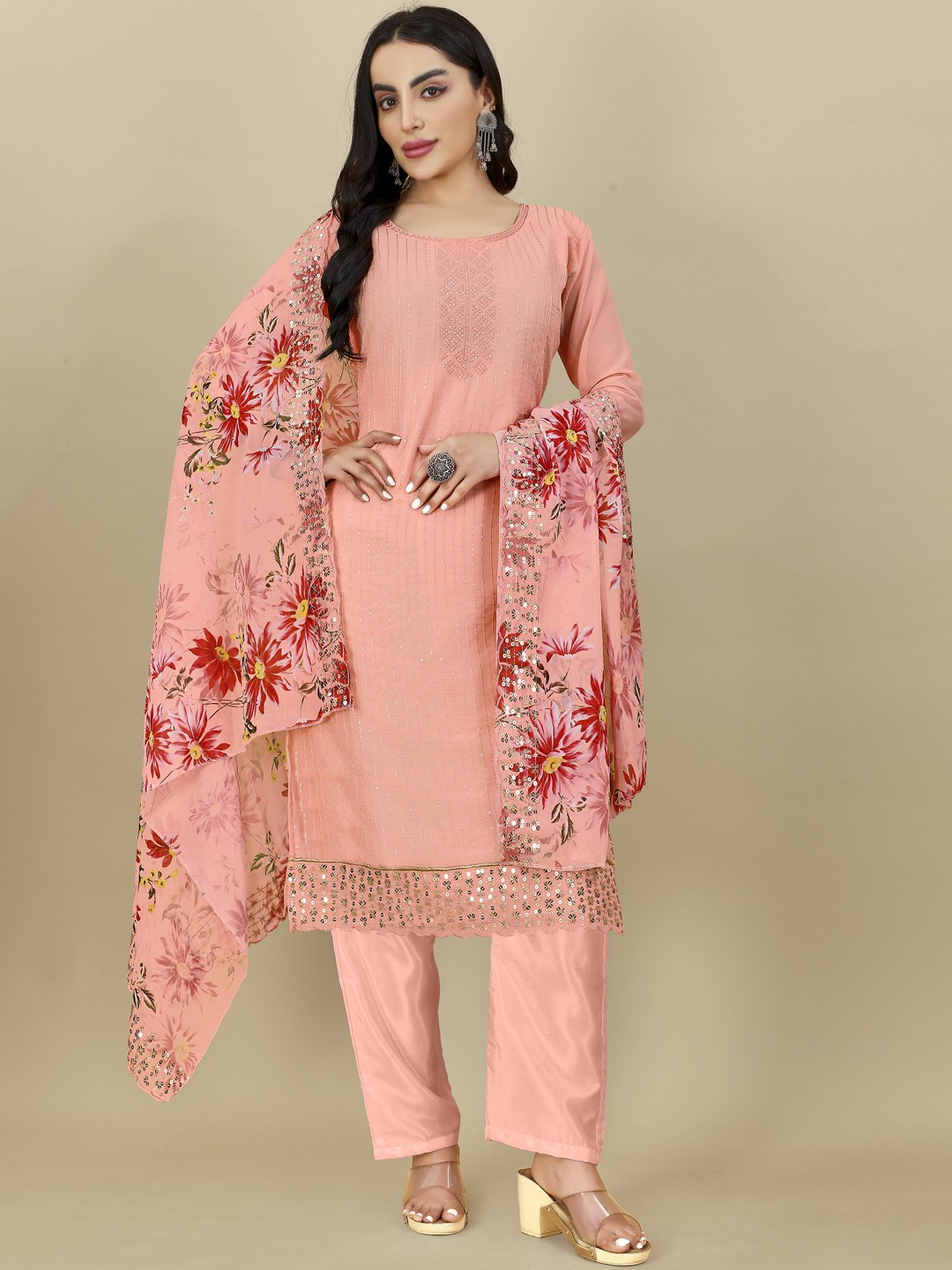 

Hinaya Women Embroidered Regular Kurta with Salwar & With Dupatta, Peach