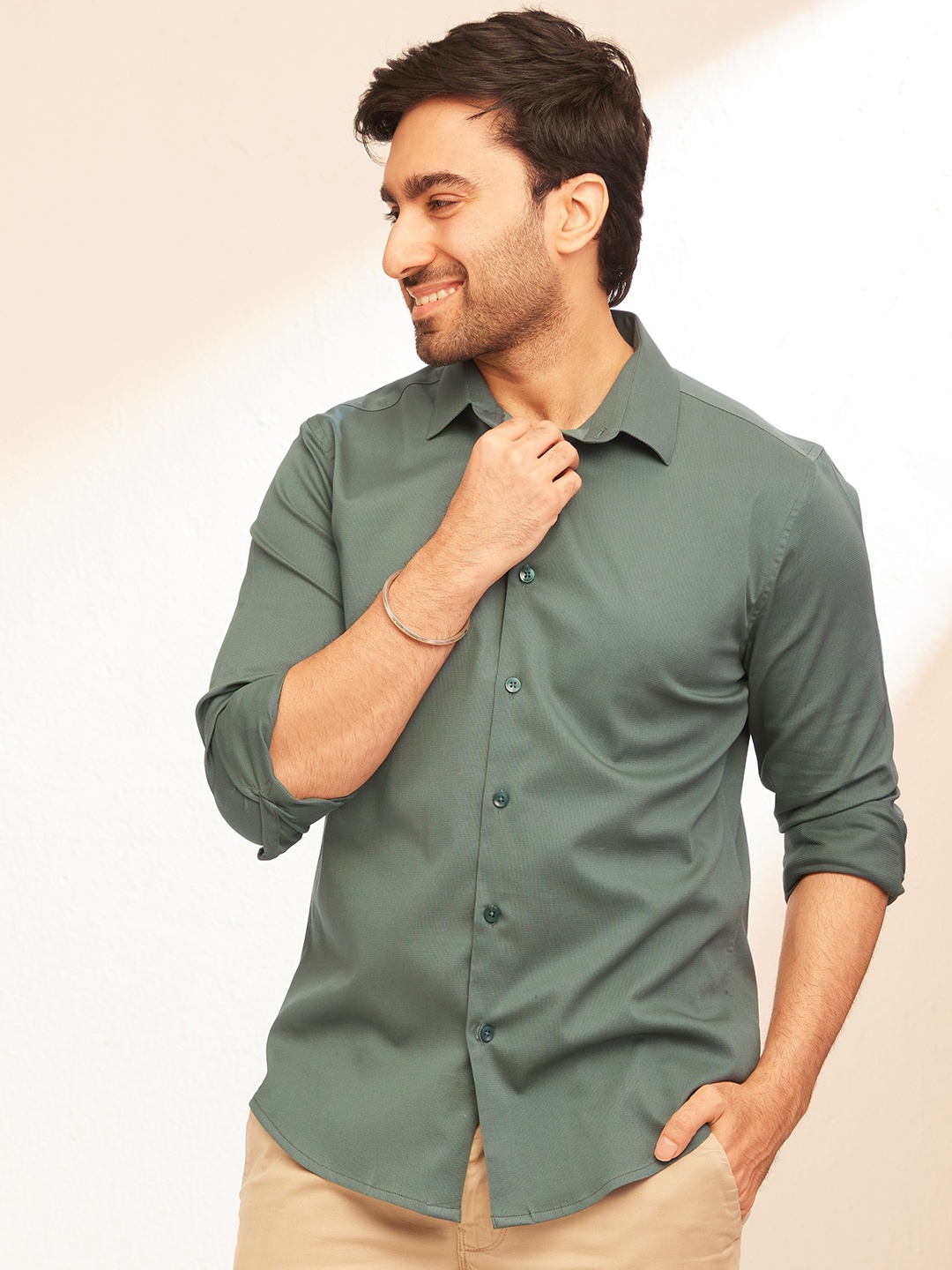 

The Bleu Label Classic Slim Fit Spread Collar Long Sleeves Cotton Casual Shirt, Olive
