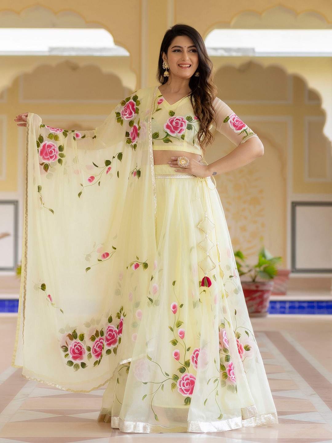 

Rangeelo Floral Printed Ready to Wear Lehenga & Blouse With Dupatta, Yellow
