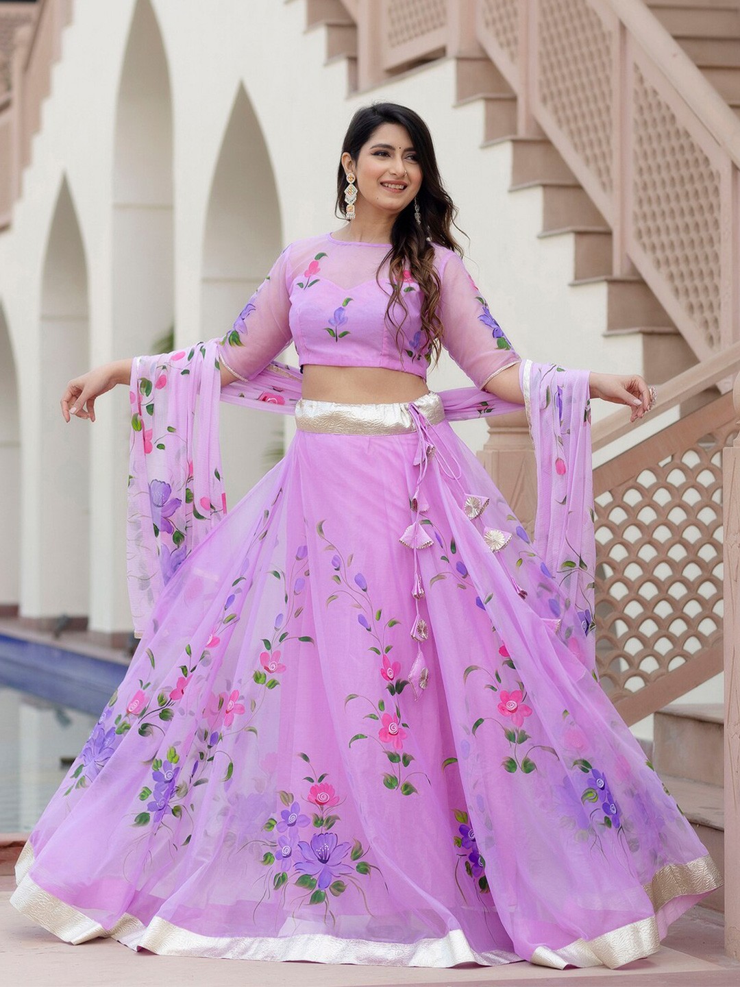 

Rangeelo Floral Printed Ready to Wear Lehenga & Blouse With Dupatta, Purple