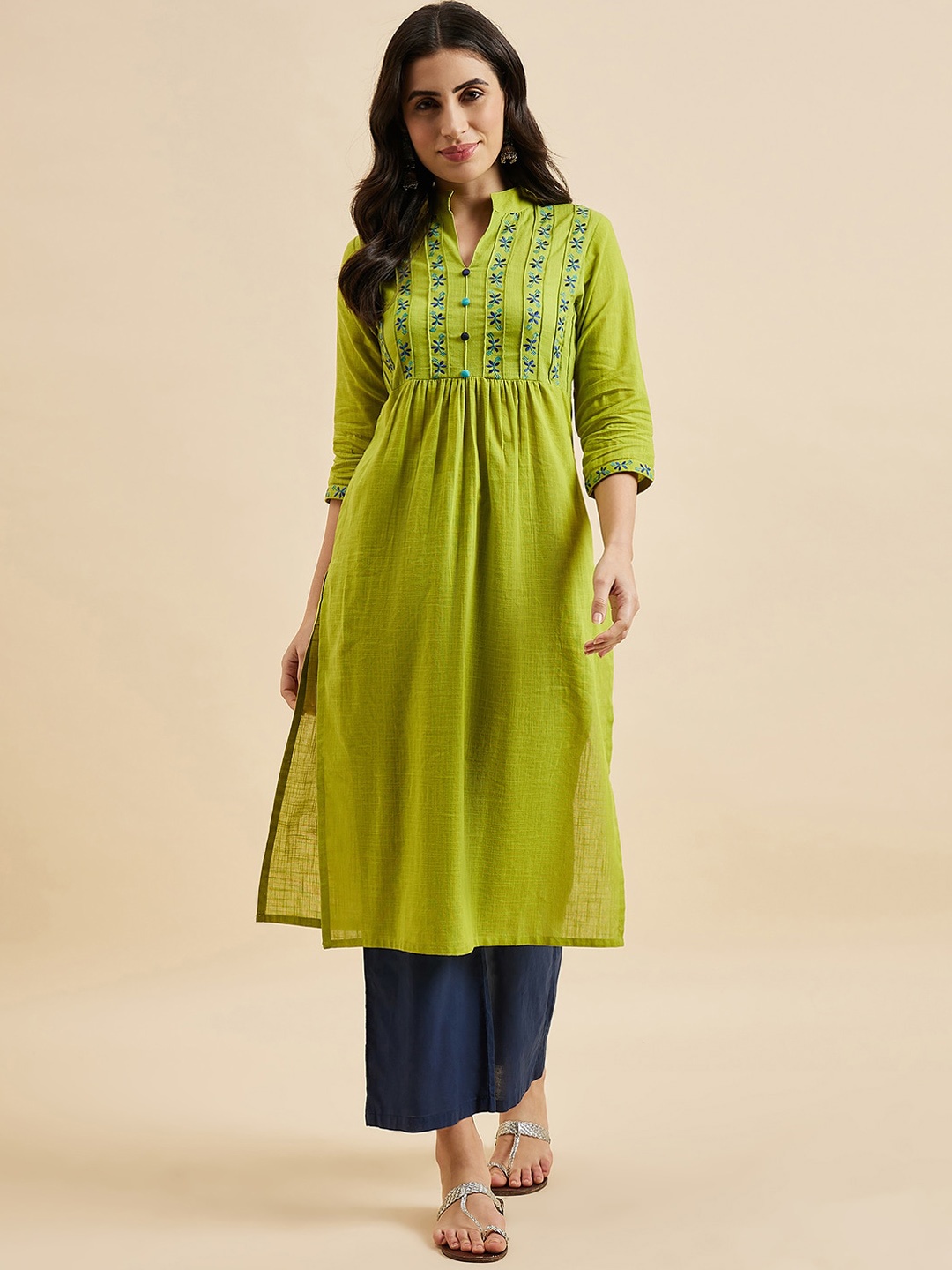 

Azira Ethnic Motifs Yoke Design Thread Work Detailed Pure Cotton Straight Kurta, Lime green