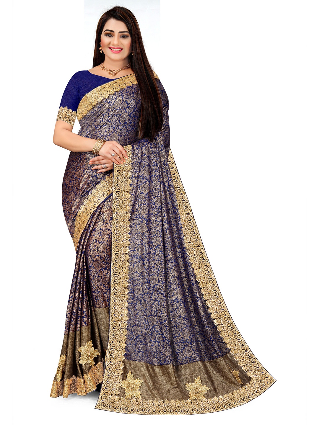 

VM TEJANI Floral Printed Embroidered Saree, Blue