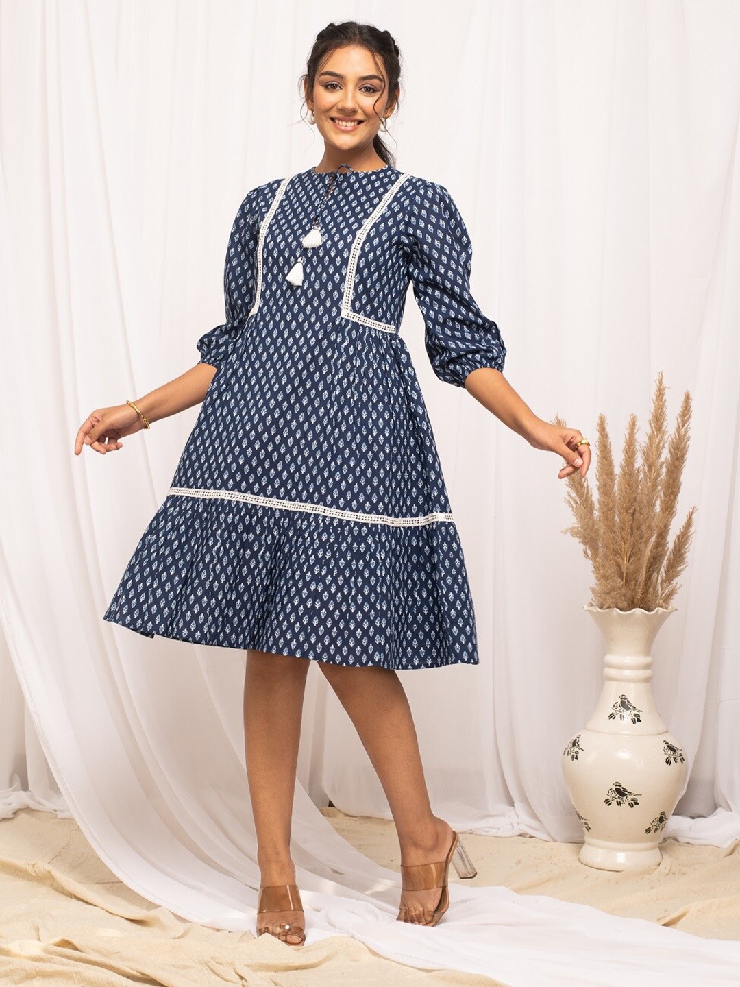 

FIORRA Floral Print Keyhole Neck Cotton Dress, Blue