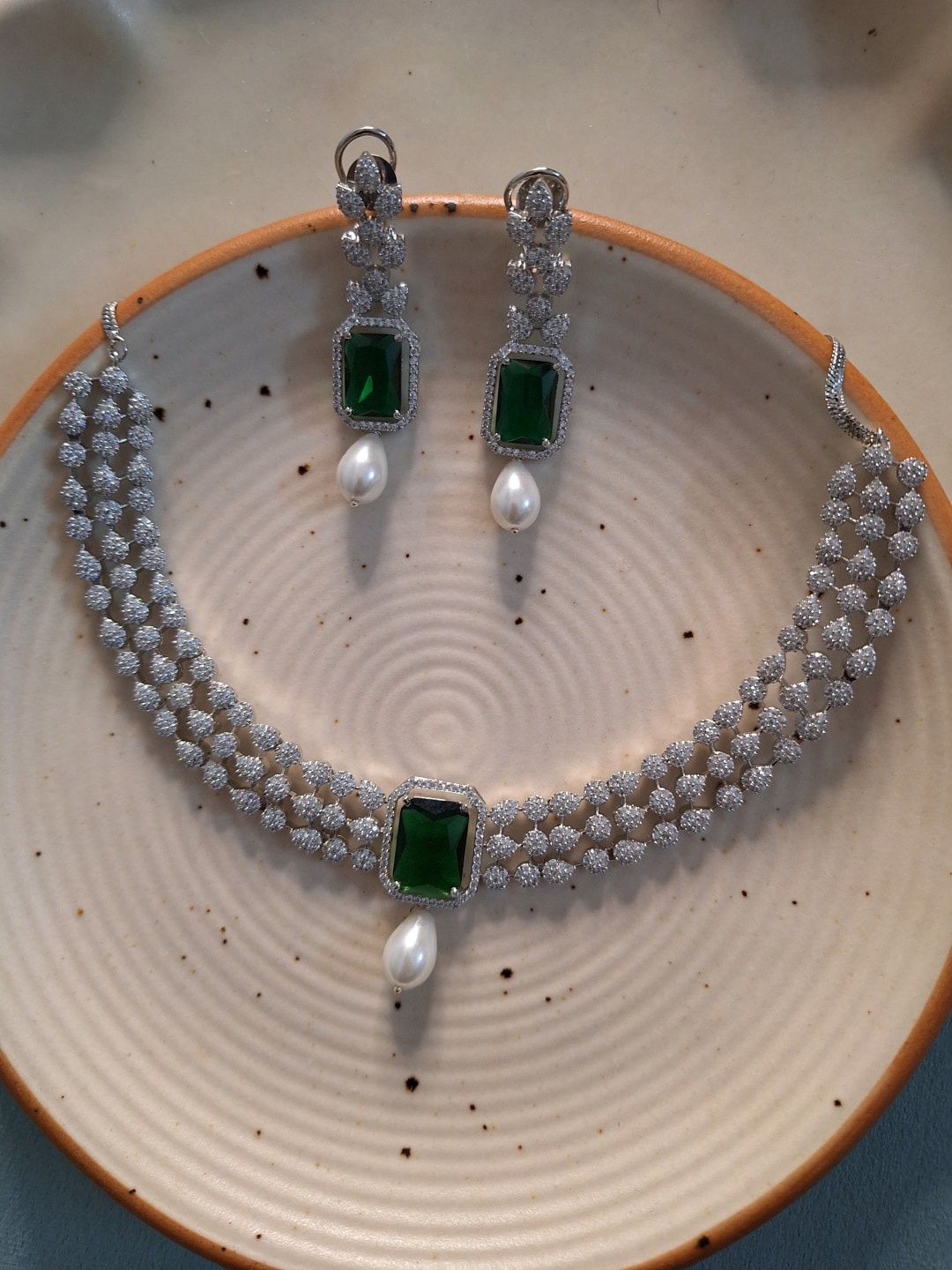 

XAGO Rhodium-Plated AD Studded & Beaded Jewellery Set, Silver