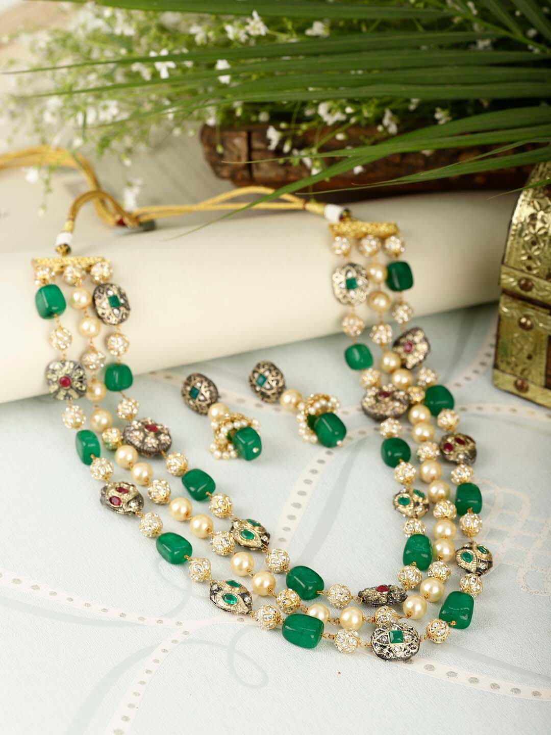 

XAGO Gold-Plated American Diamond Studded & Beaded Jewellery Set