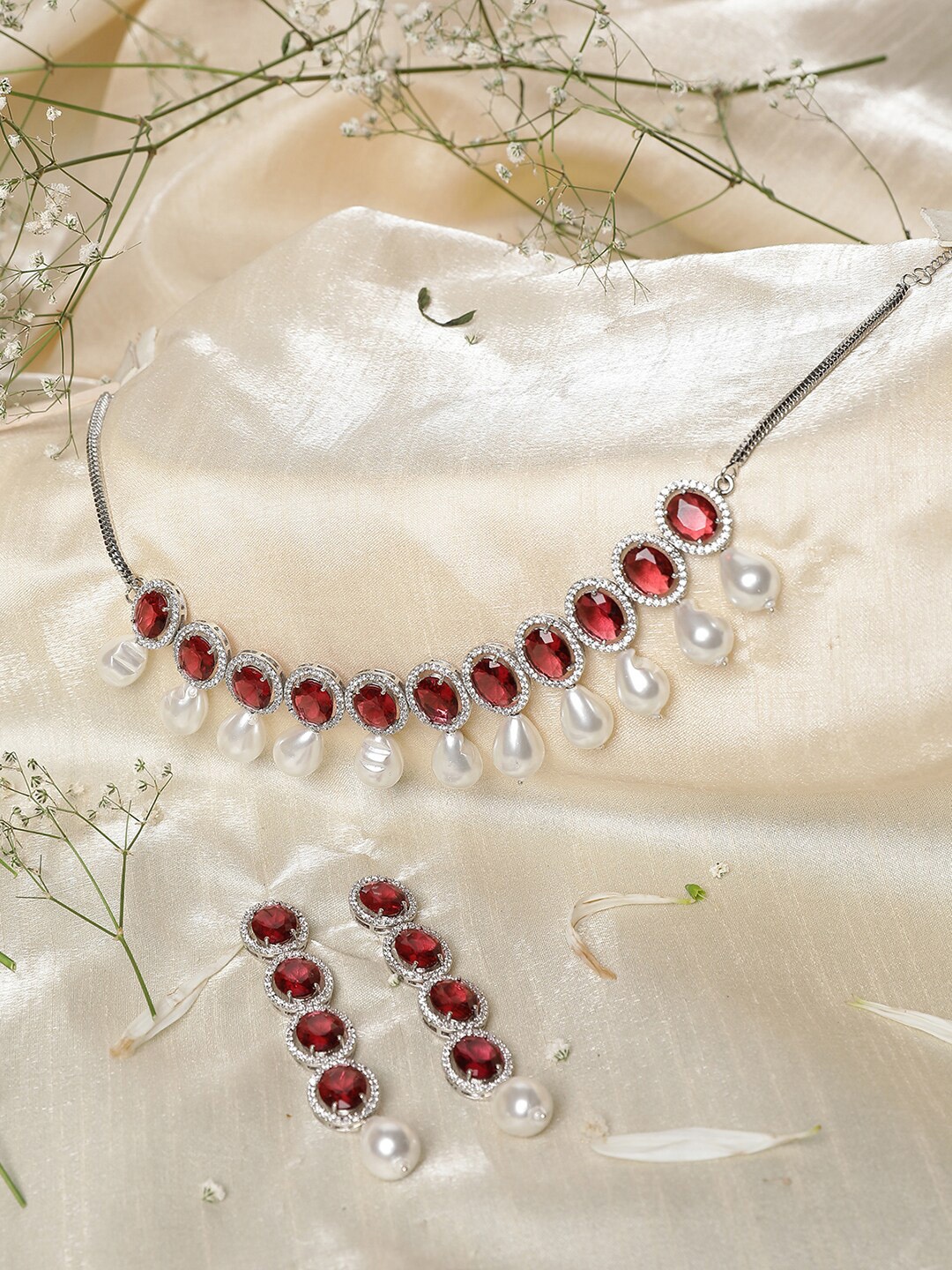 

XAGO Rhodium-Plated American Diamond Studded & Beaded Jewellery Set, Silver