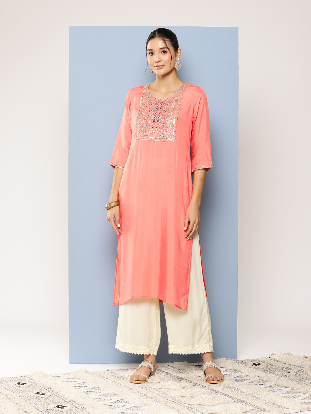 

Aarika Women Yoke Design Mirror Work Kurta, Peach