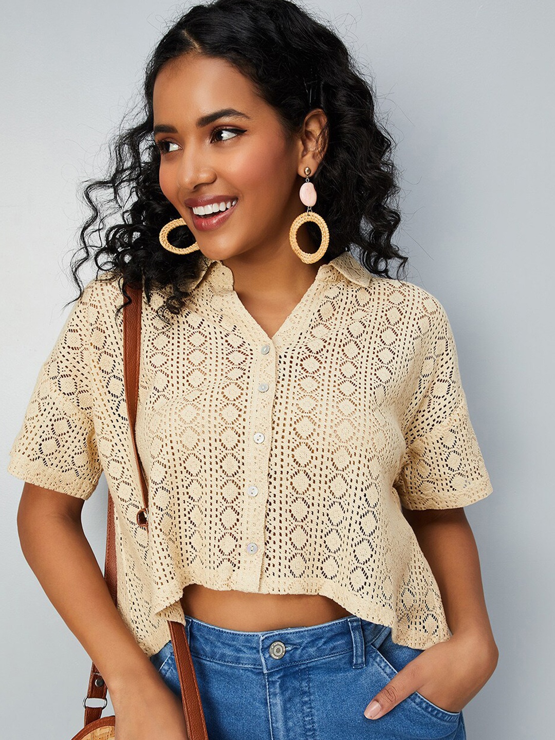 

max Textured Drop-Shoulder Sleeves Casual Shirt, Beige