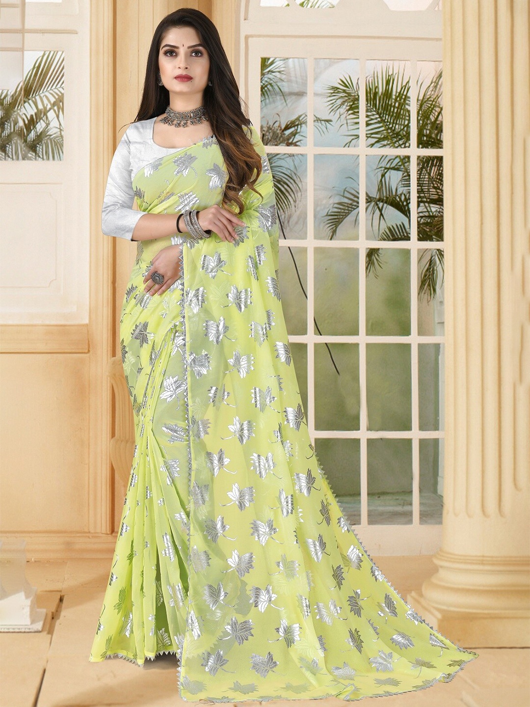 

REDFISH Floral Printed Gotta Patti Pure Georgette Saree, Yellow