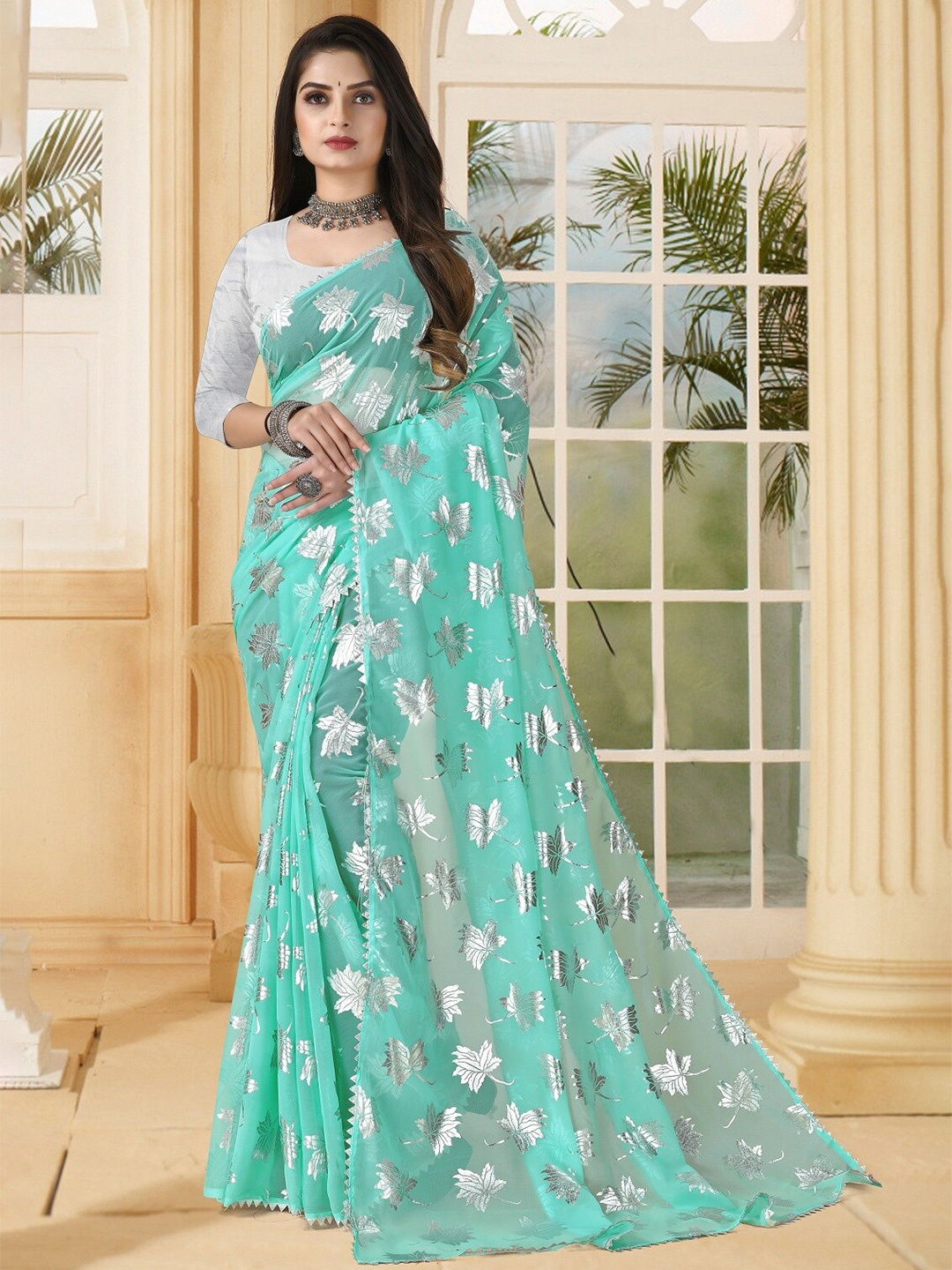 REDFISH Floral Pure Georgette Saree, Sea green