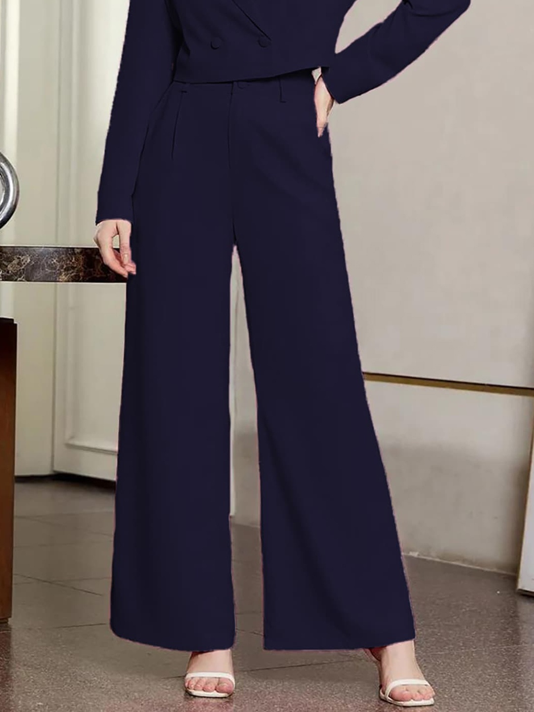 

KOTTY BIZwear Basics Women Relaxed Straight Leg High-Rise Easy Wash Pleated Parallel Trousers, Blue