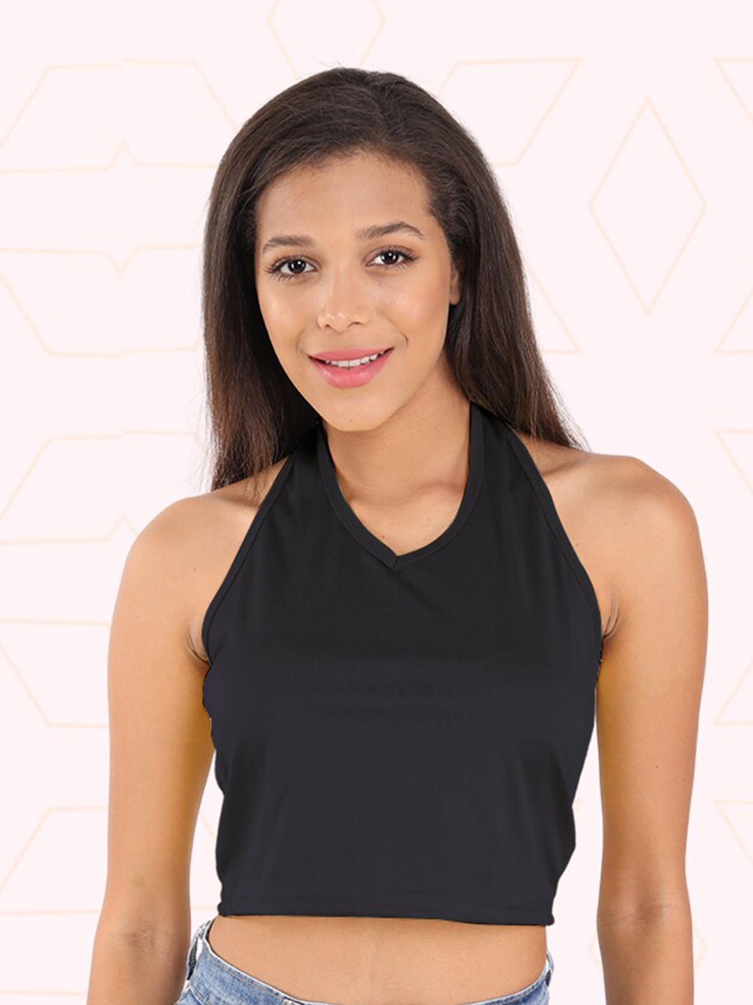 

Designer Bugs Halter Neck Crop Top, Black