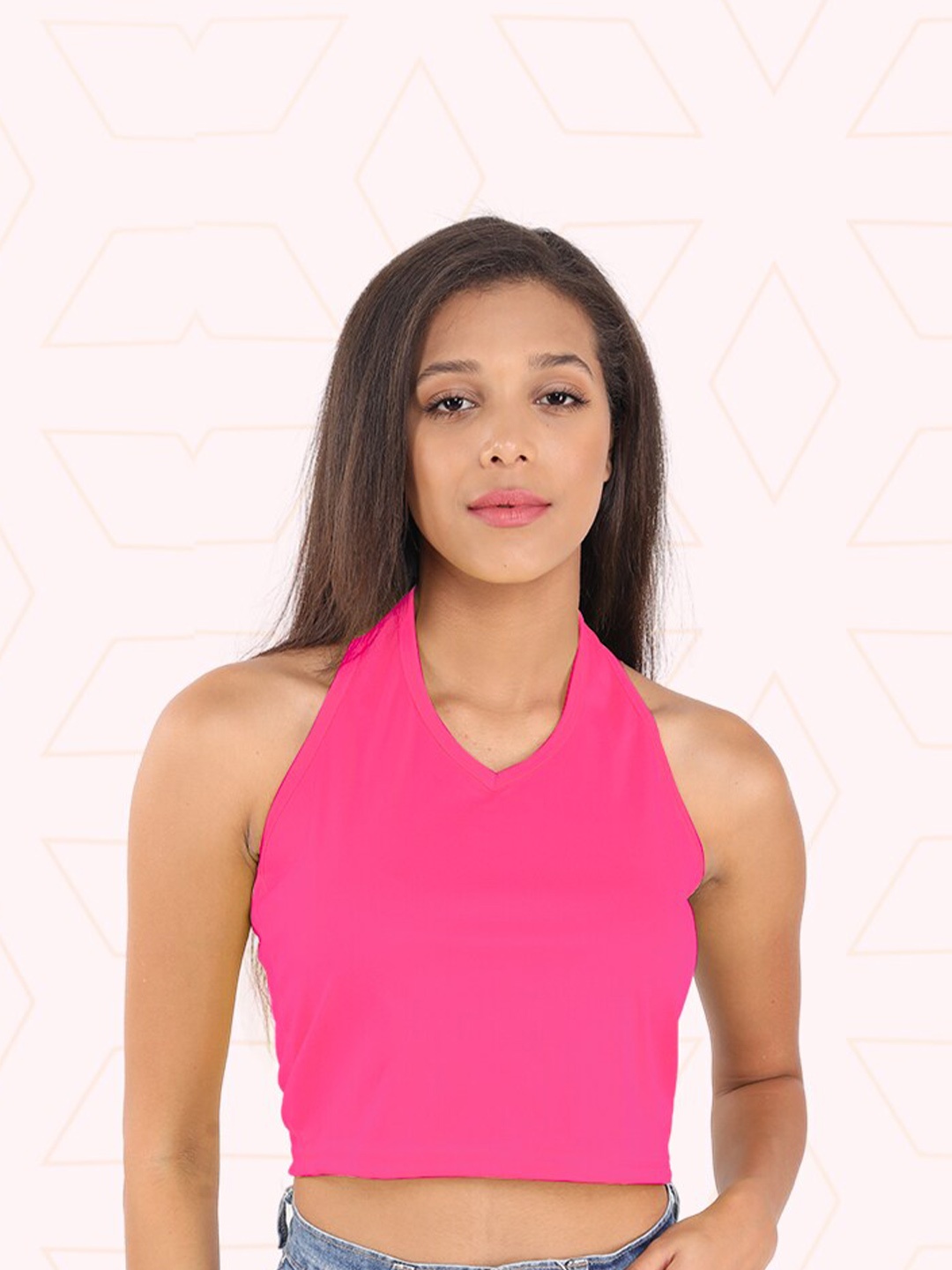 

Designer Bugs Halter Neck Sleeveless Knitted Crop Top, Fuchsia