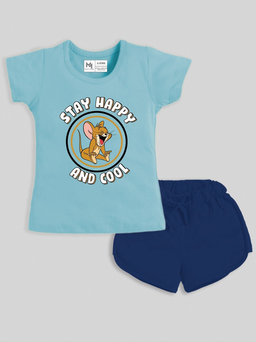 

Minute Mirth Girls Graphic Printed Pure Cotton Top With Shorts, Blue