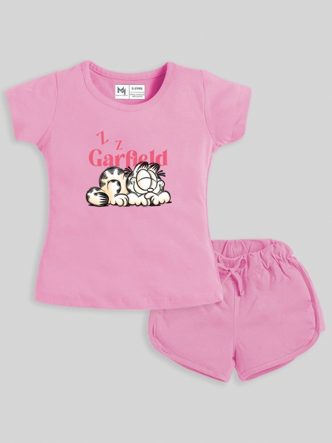 

Minute Mirth Girls Graphic Printed Pure Cotton Top With Shorts, Pink