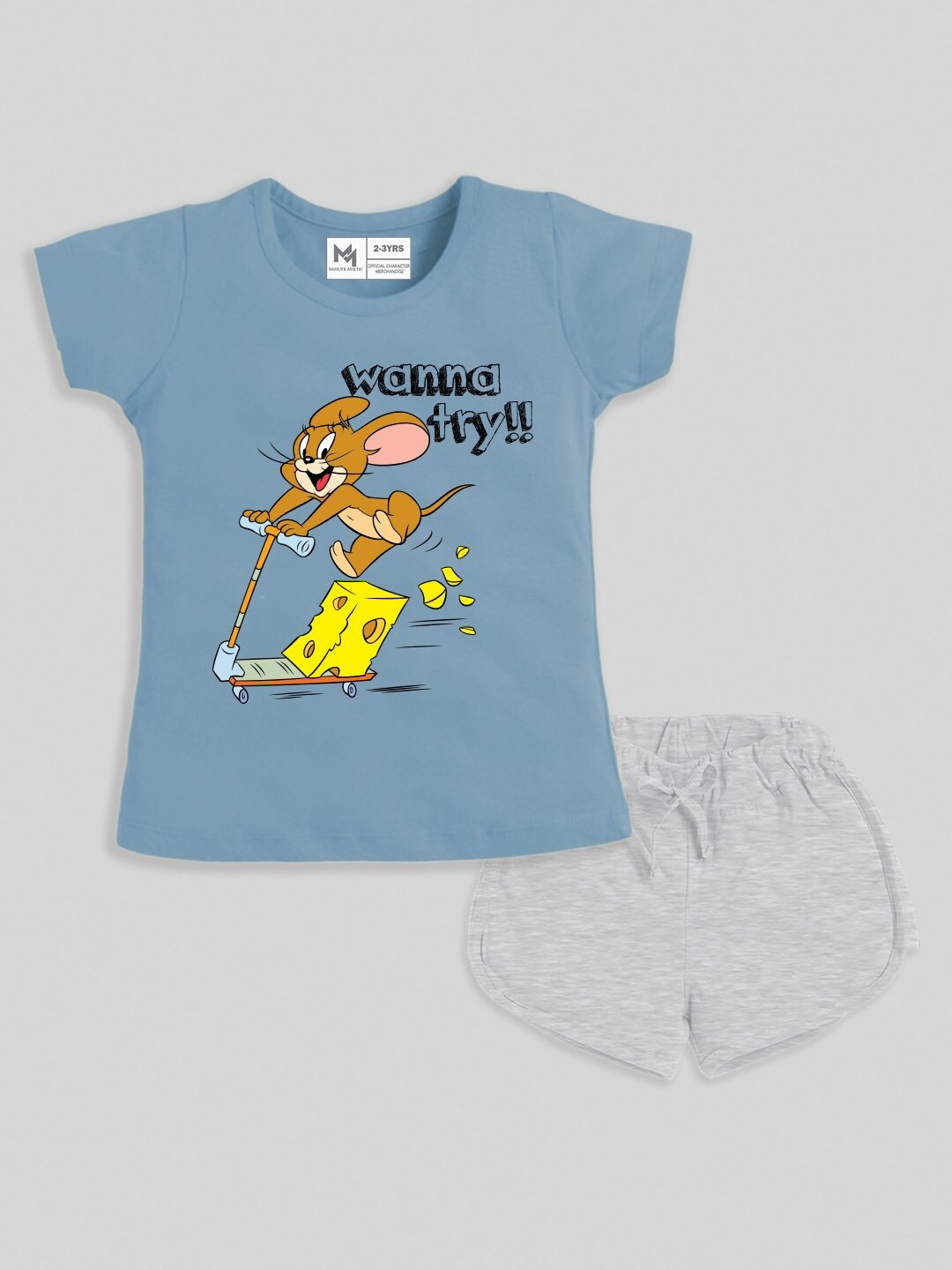 

Minute Mirth Girls Graphic Printed Pure Cotton Top With Shorts, Blue