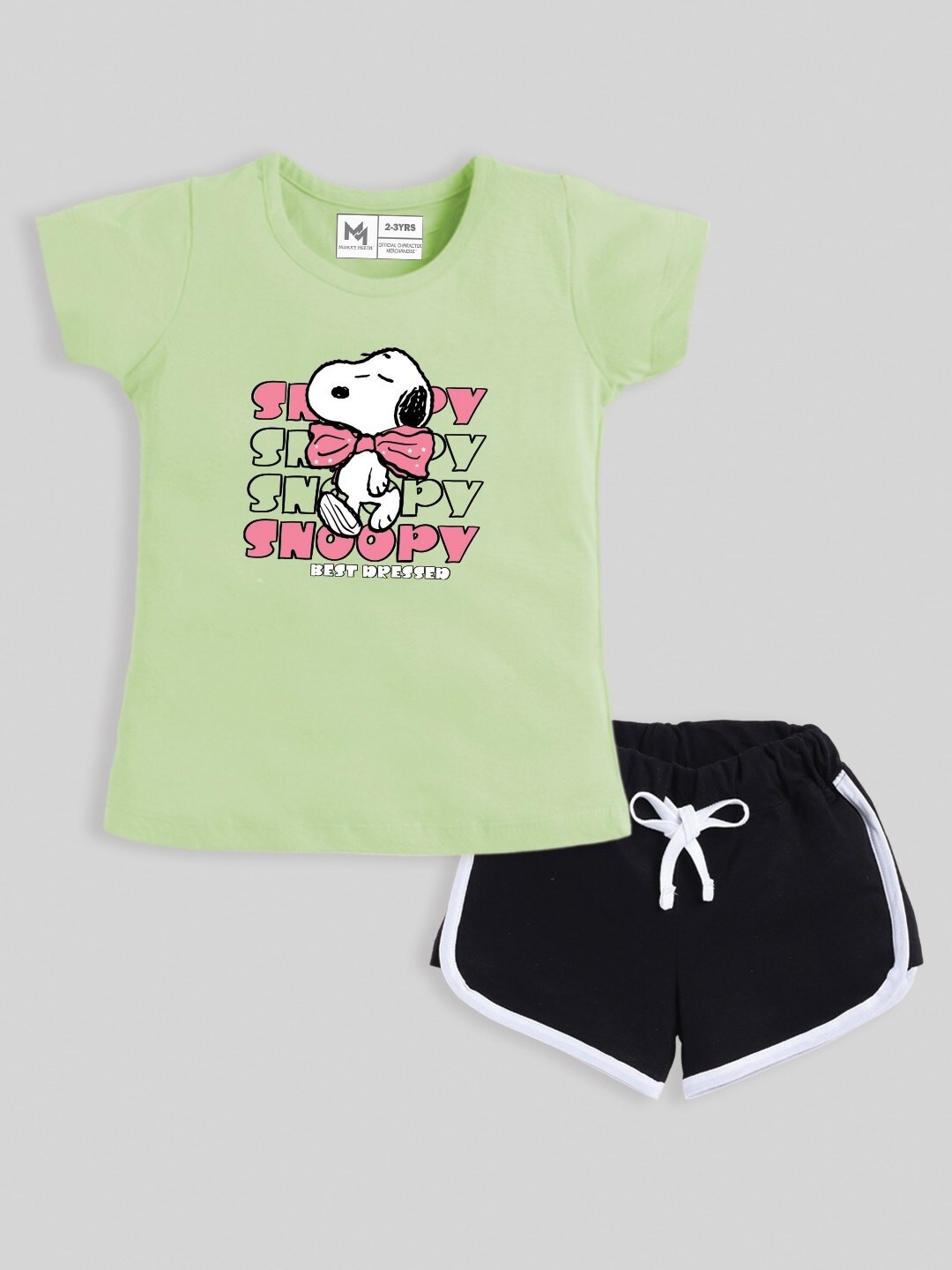 

Minute Mirth Infants Girls Snoopy Printed Pure Cotton T-shirt With Shorts, Green