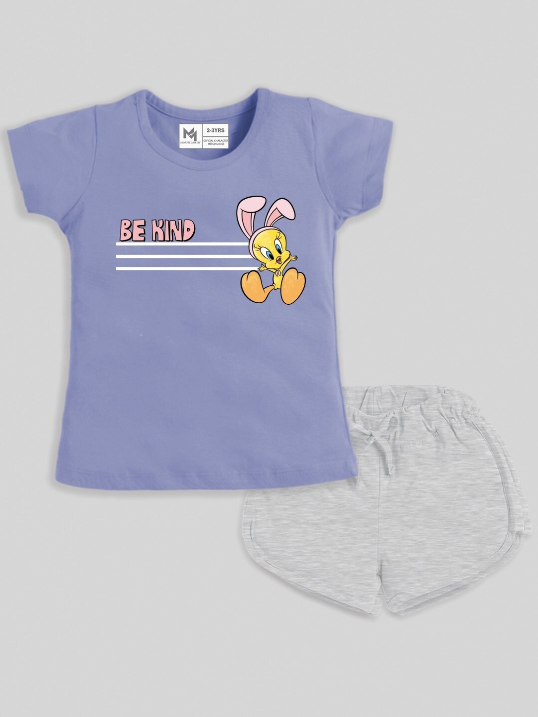 

Minute Mirth Girls Tweety Printed Pure Cotton T-shirt With Shorts, Purple