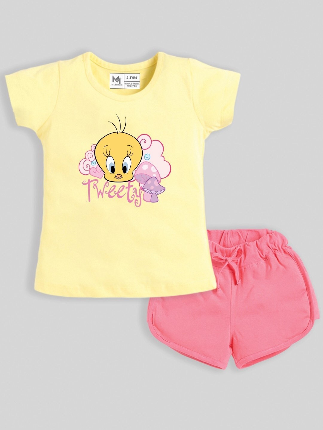 

Minute Mirth Girls Tweety Printed Pure Cotton T-shirt With Shorts, Yellow