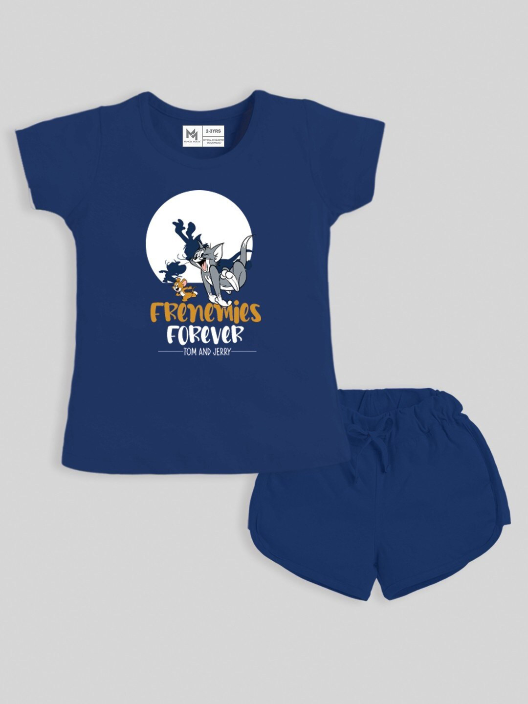 

Minute Mirth Girls Tom & Jerry Graphic Printed Pure Cotton T-shirt with Shorts, Navy blue