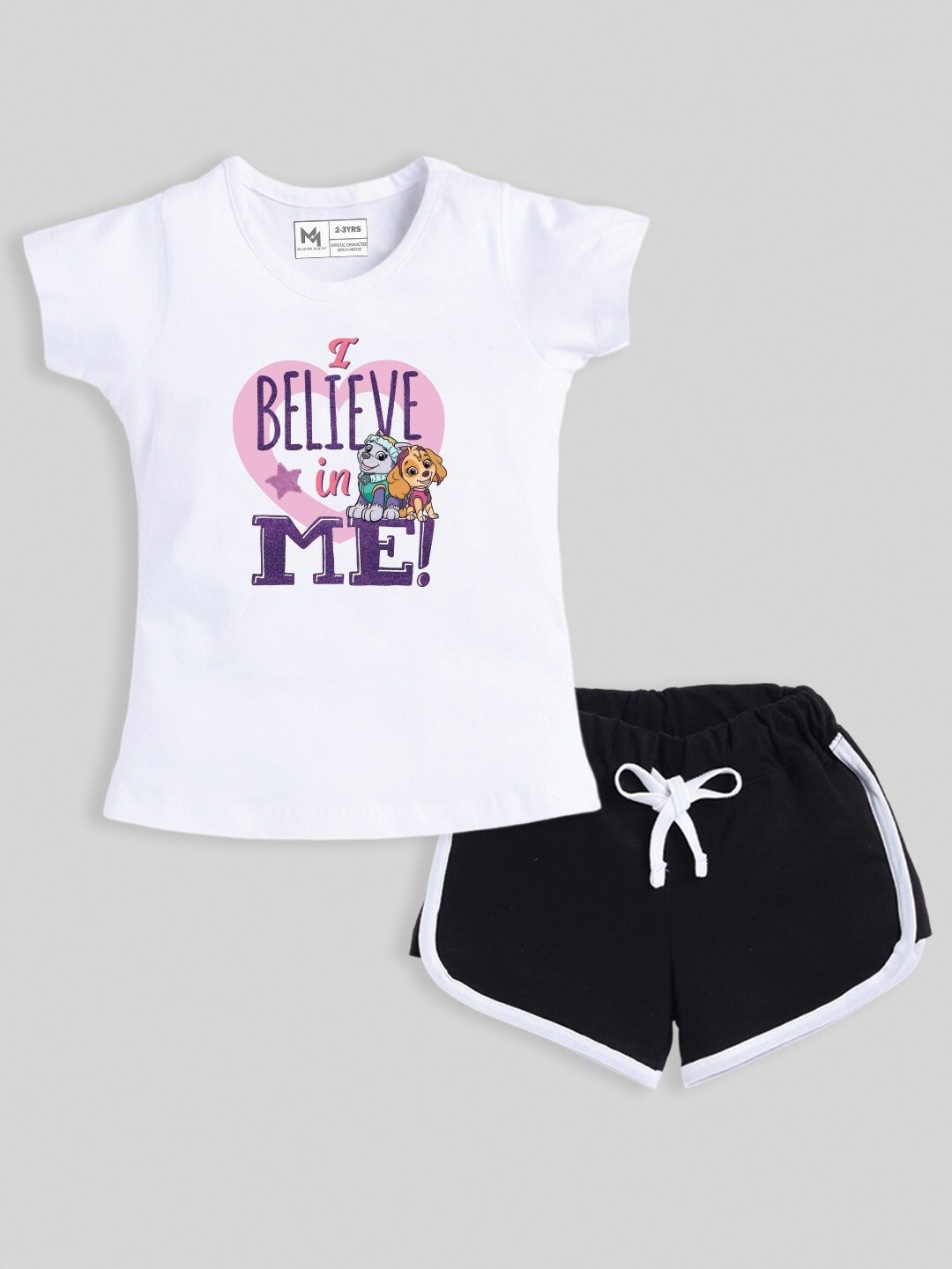 

Minute Mirth Girls Paw Patrol Graphic Printed Pure Cotton T-shirt with Shorts, White