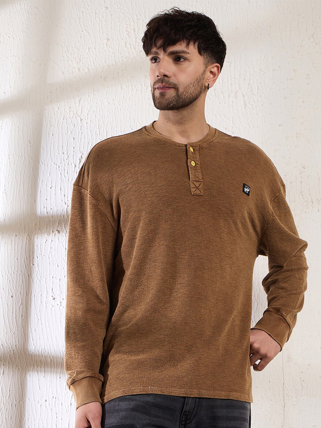 

FUGAZEE Brown Round Neck Cotton Oversized T-shirt