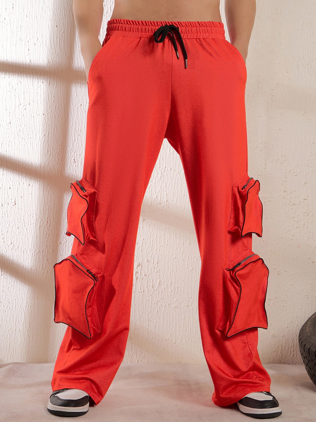 

FUGAZEE Men Cotton Mid Rise Relaxed-Fit Cargo Track Pants, Red