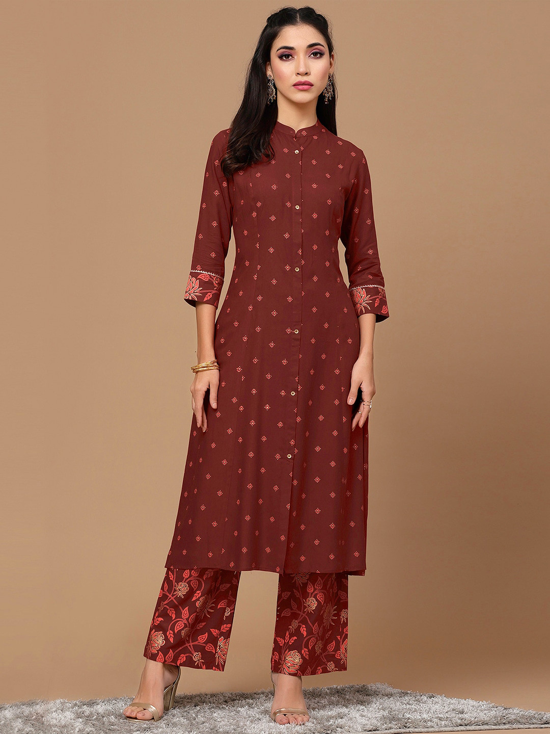 

SKYLEE Floral Printed Regular Kurta With Trousers, Rust