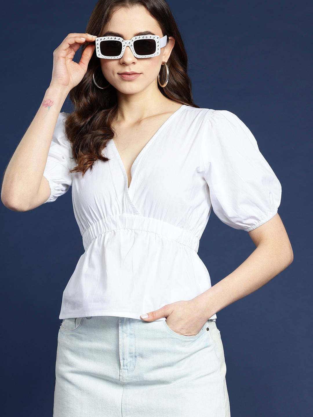 

Mast & Harbour Puff Sleeve Cotton Top, White