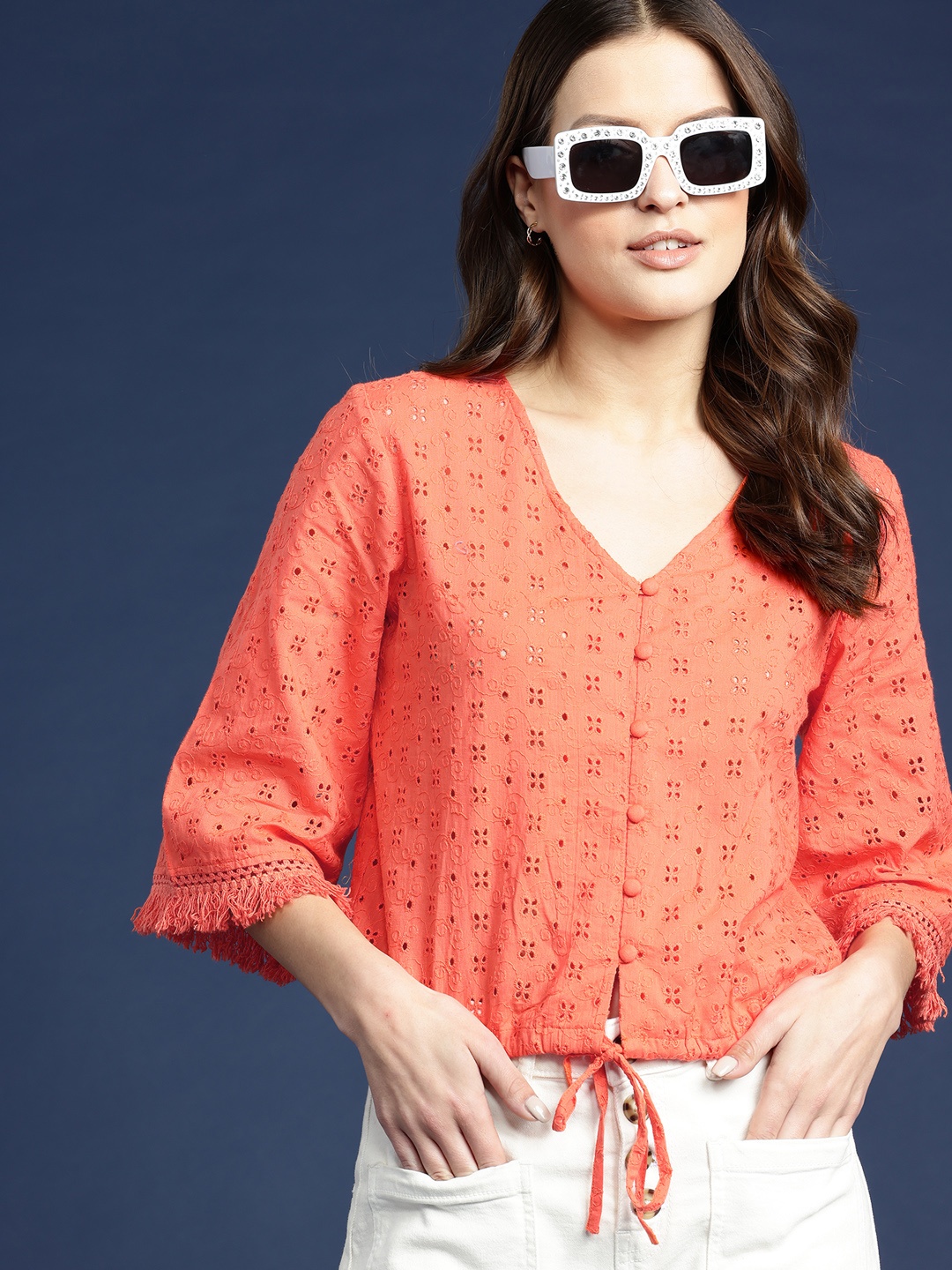 

Mast & Harbour Flared Sleeve Cotton Schiffli Shirt Style Top, Orange