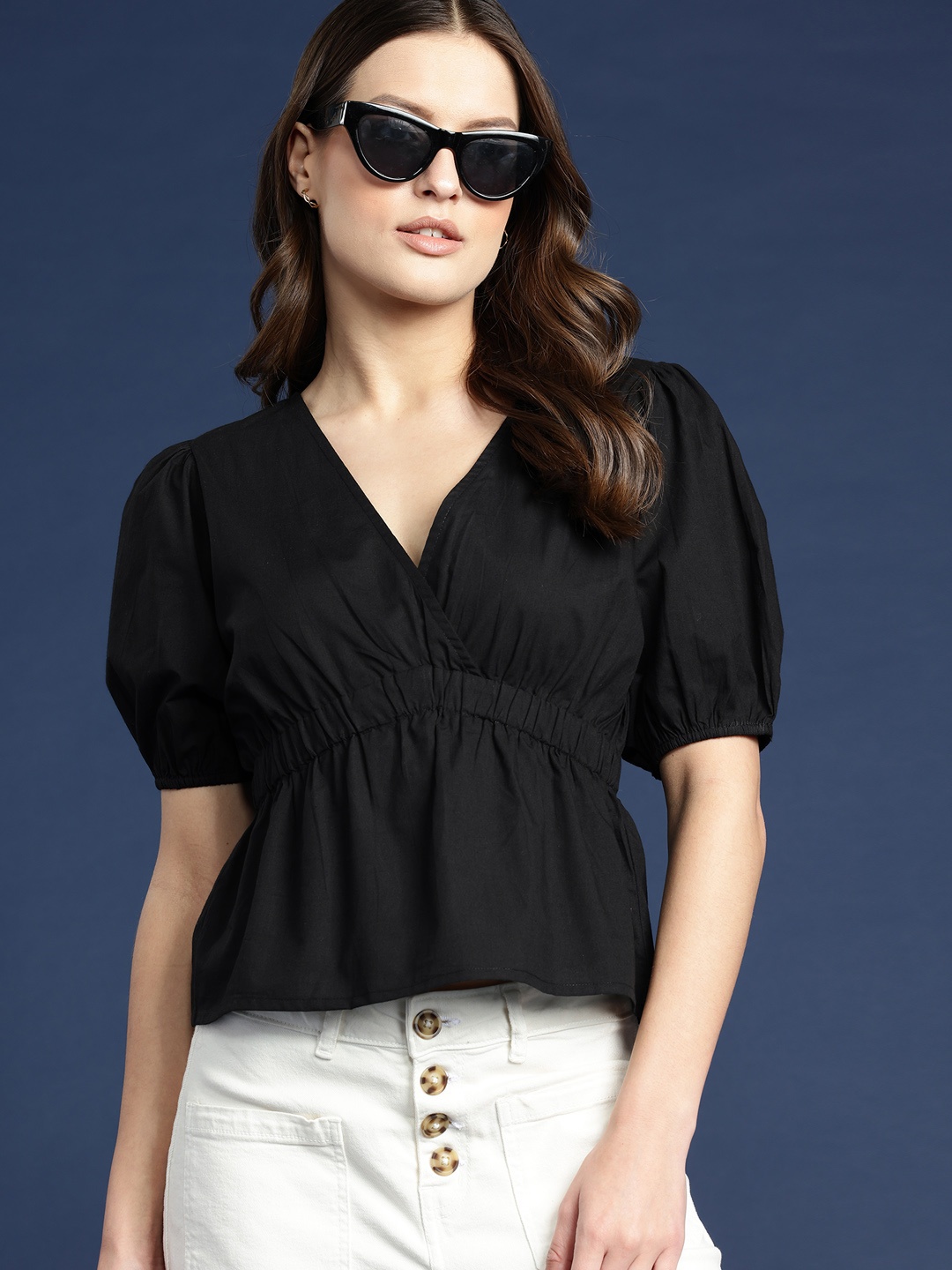 

Mast & Harbour Puff Sleeve Cotton Peplum Top, Black