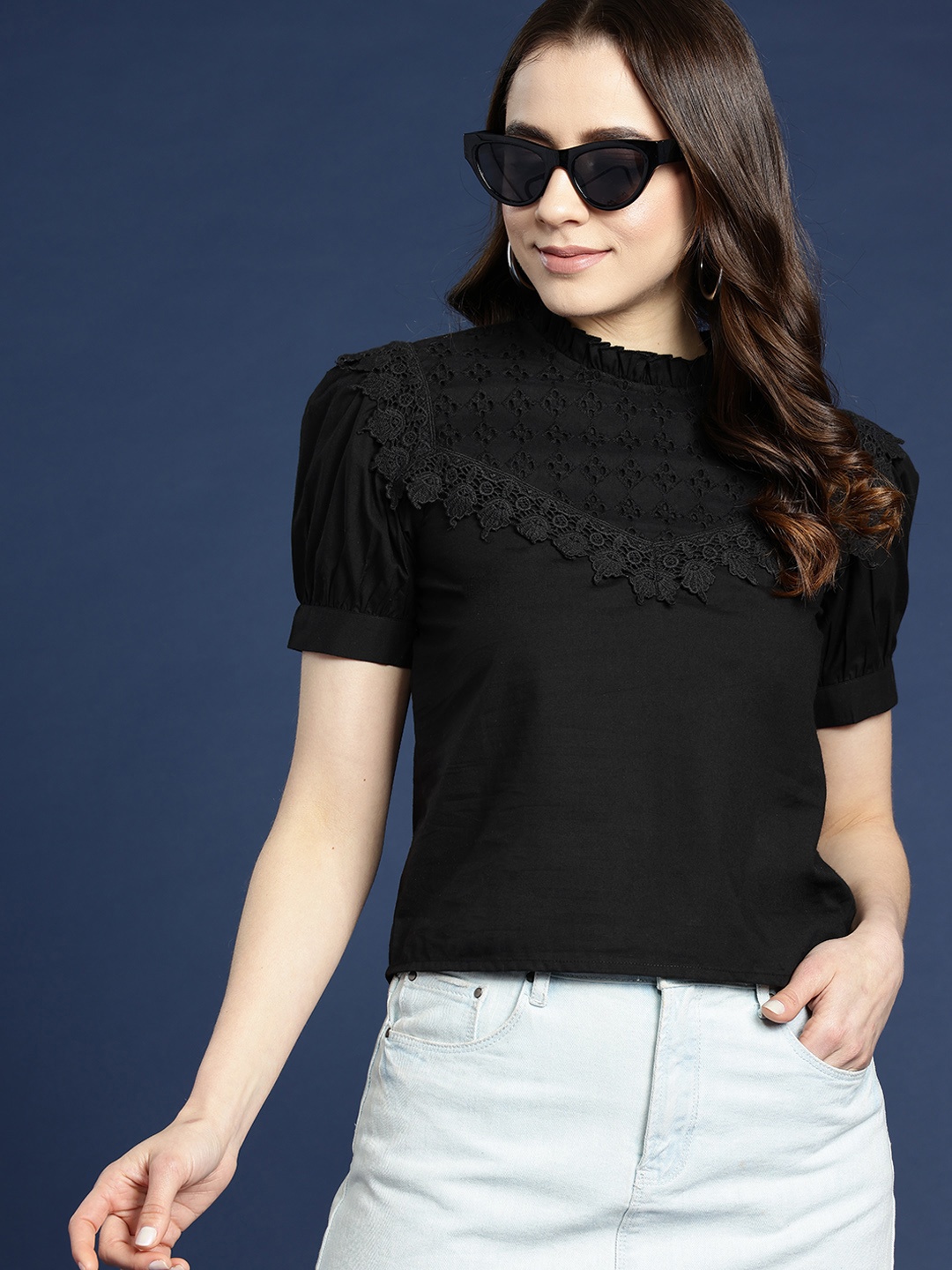 

Mast & Harbour Puff Sleeve Cotton Schiffli Top, Black