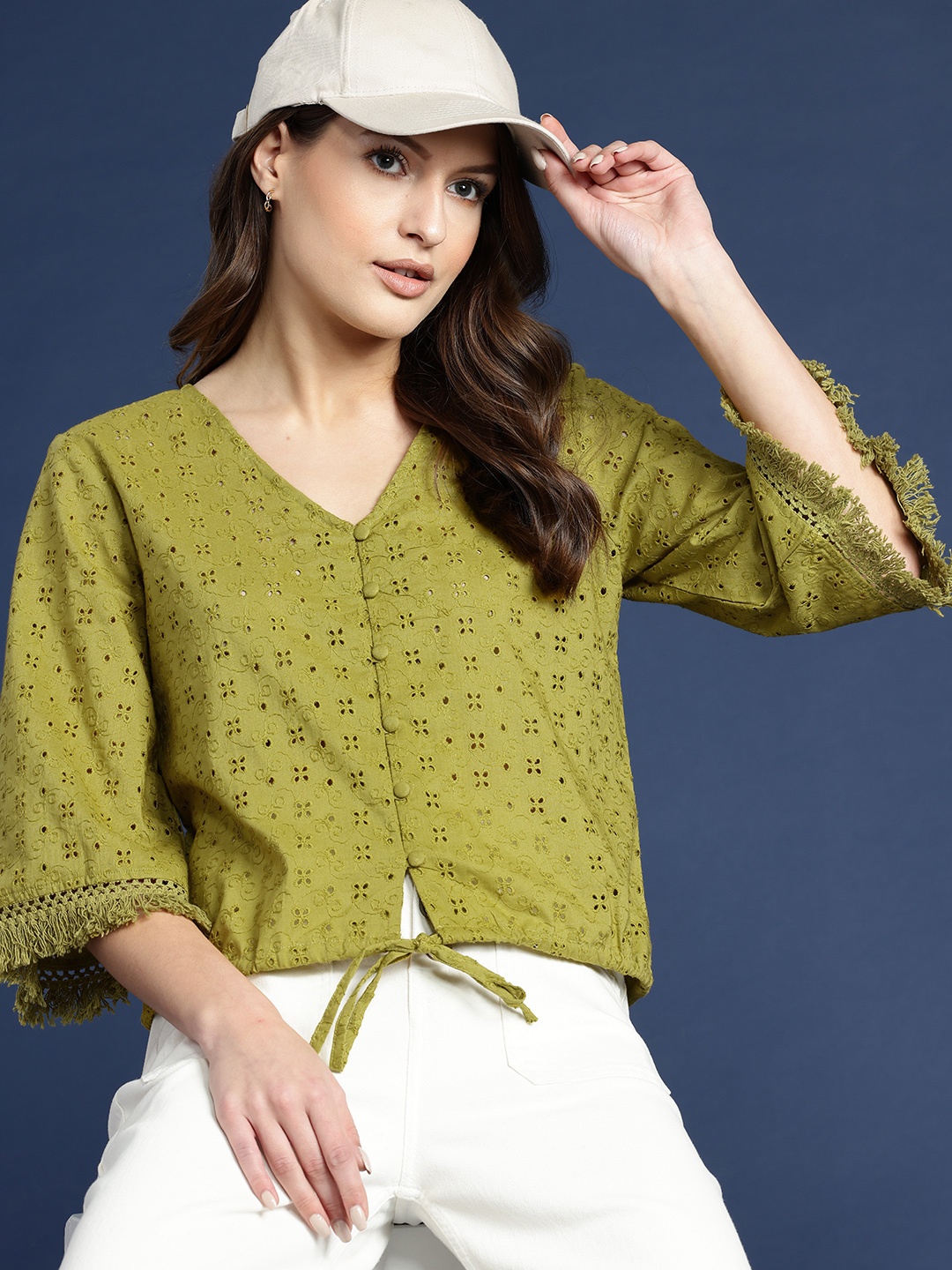 

Mast & Harbour Flared Sleeve Cotton Schiffli Shirt Style Top, Olive