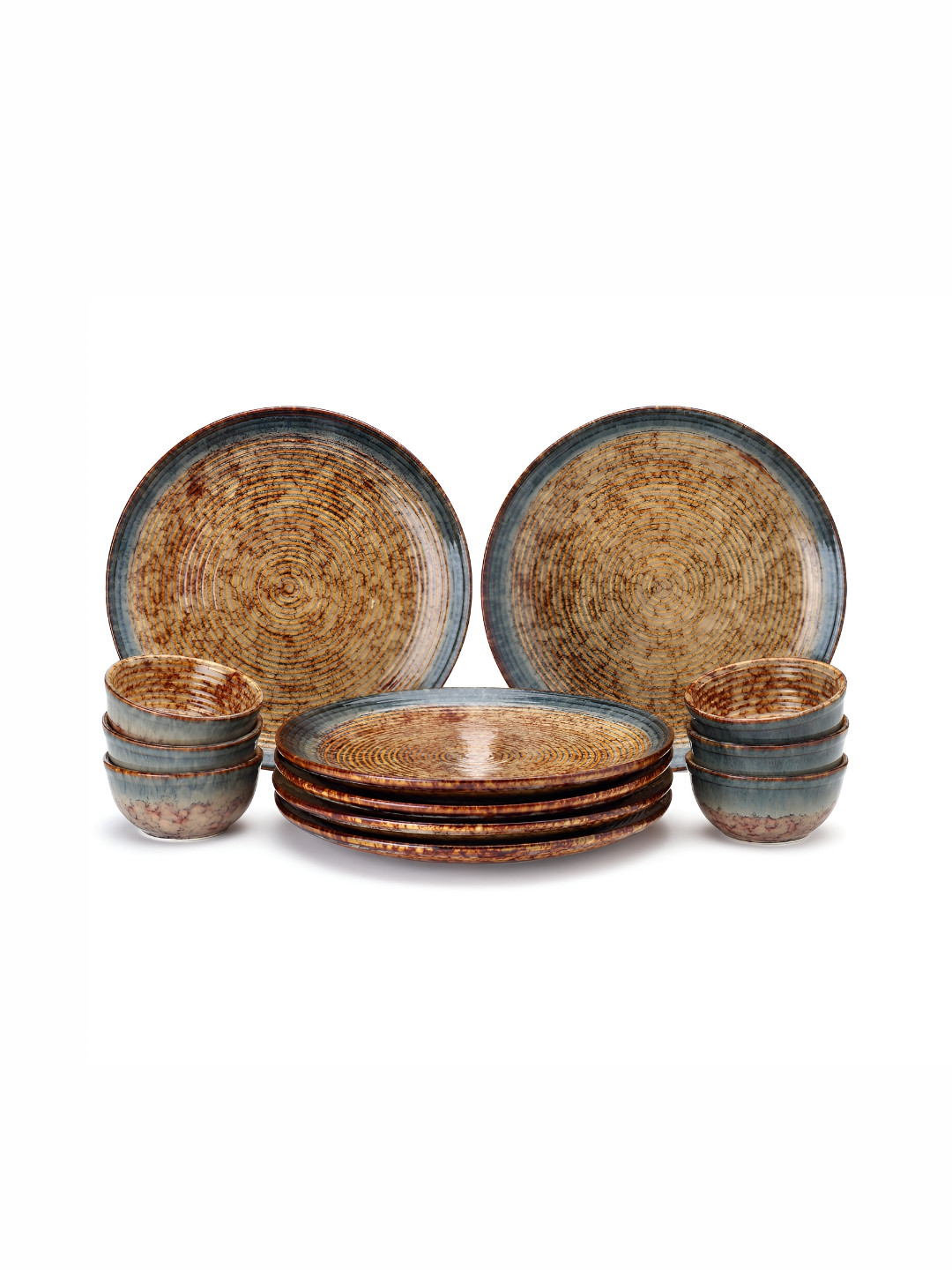 

BODHI HOUSE Brown & Teal Blue 12 Pieces Handcrafted Ceramic Glossy Dinner Set