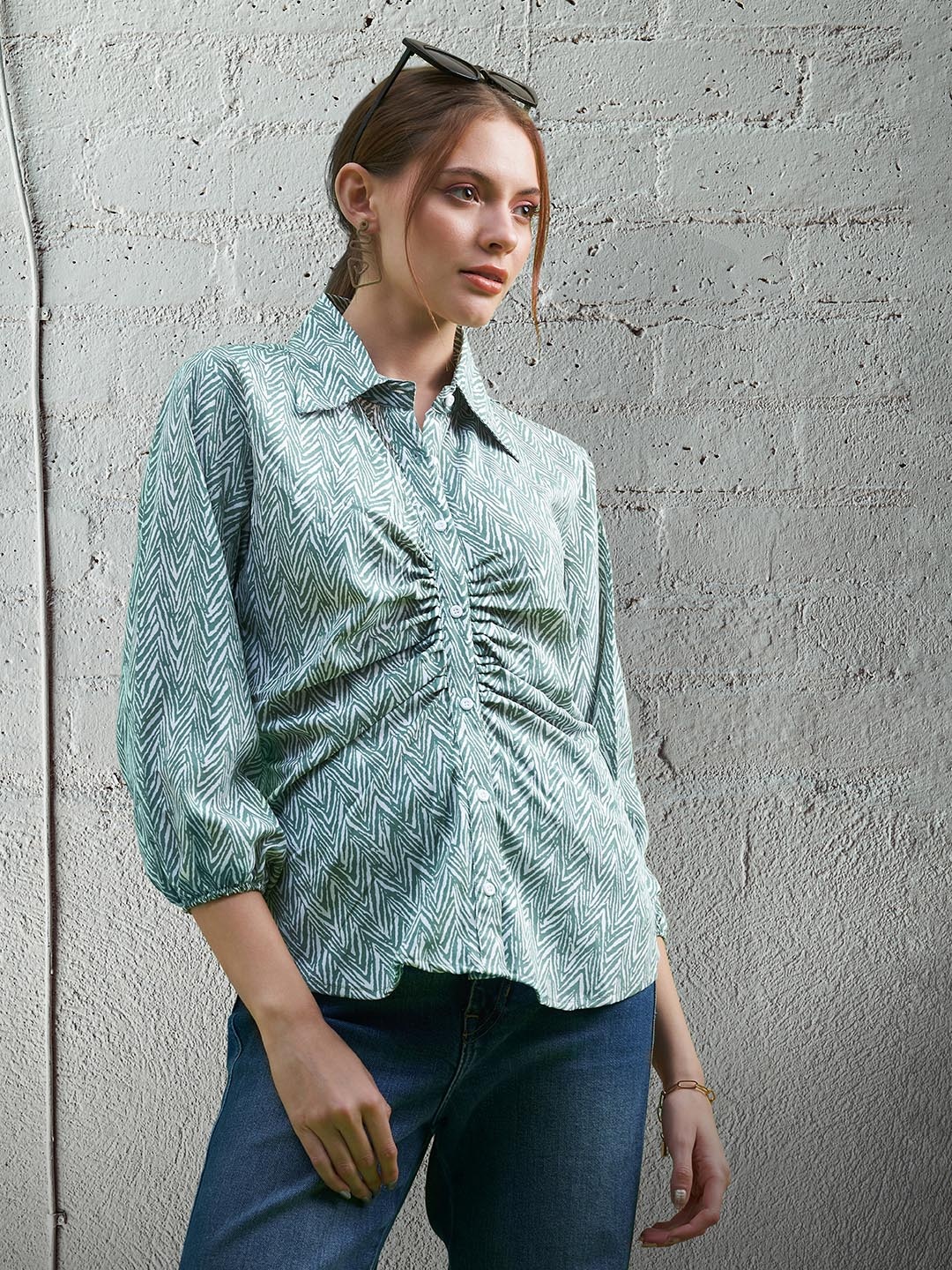 

The Roadster Lifestyle Co. Geometric Printed Puff Sleeves Quick Dry Pleated Detail Shirt, Green