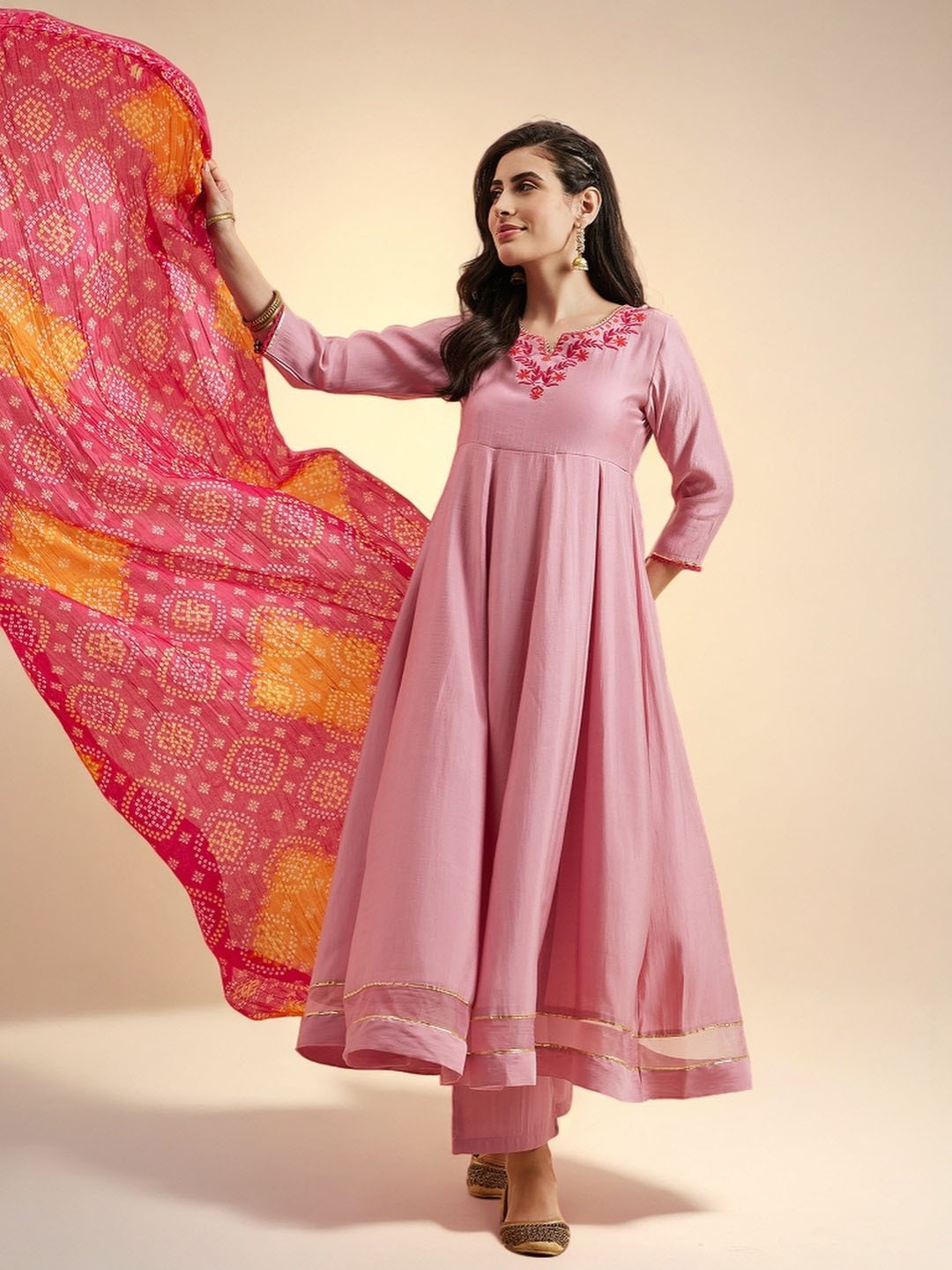 

Azira Women Floral Embroidered Pleated Thread Work Kurta with Palazzos & With Dupatta, Pink
