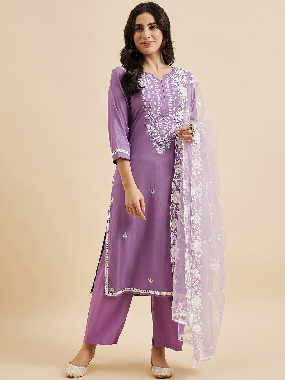 

Azira Floral Embroidered Notch Neck Thread Work Kurta With Palazzos & Dupatta, Purple