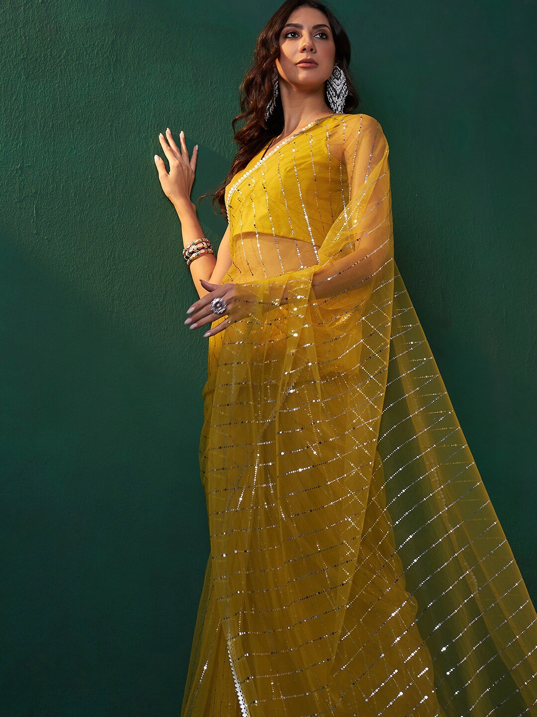 

Sangria Embellished Net Sarees, Yellow
