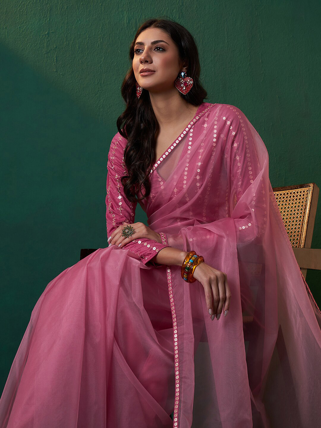 

Sangria Women Solid Saree with Sequinned Embroidered Blouse Piece, Pink