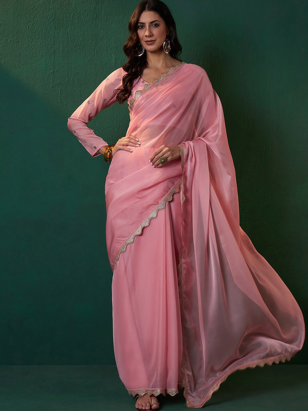 

Sangria Embroidered Bordered Sarees, Peach