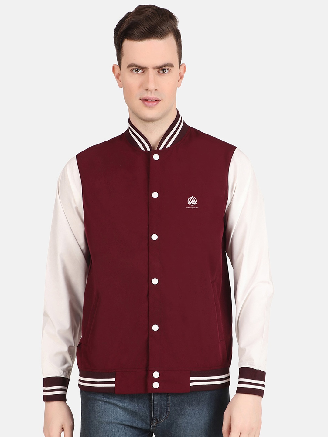 

WELL QUALITY Colourblocked Mandarin Collar Windcheater Fleece Bomber jacket, Maroon