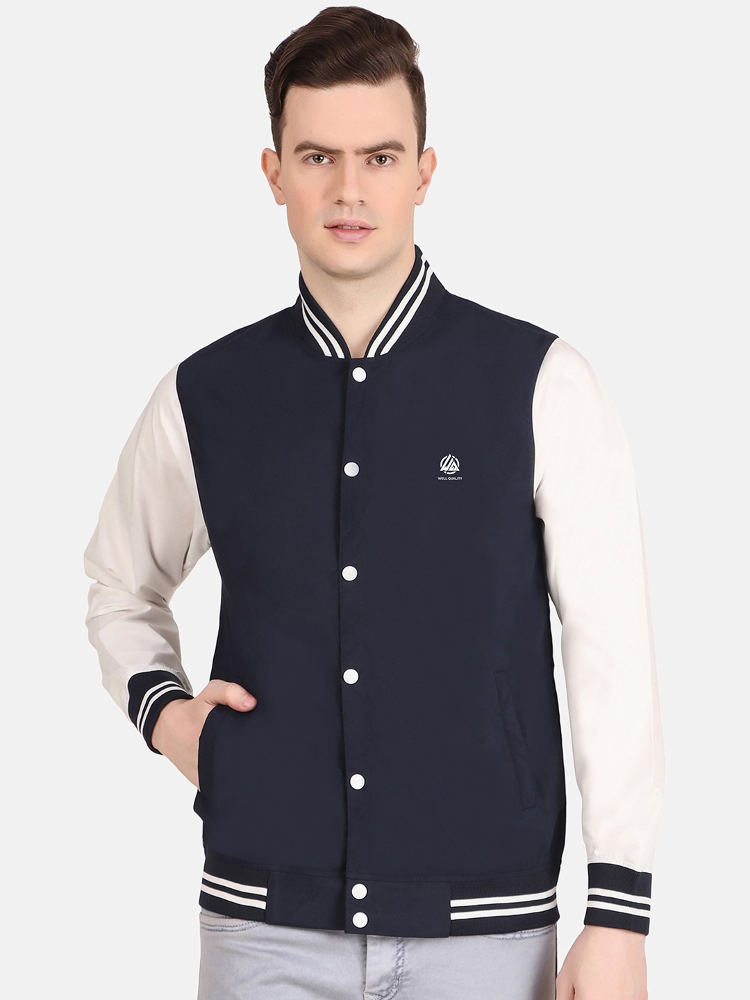 

WELL QUALITY Stand Collar Fleece Windcheater Varsity Jacket, Navy blue