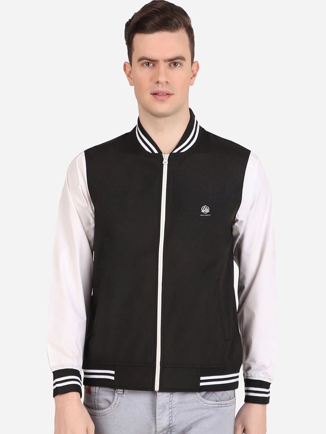 WELL QUALITY Colourblocked Mandarin Collar Windcheater Fleece Bomber jacket, Black